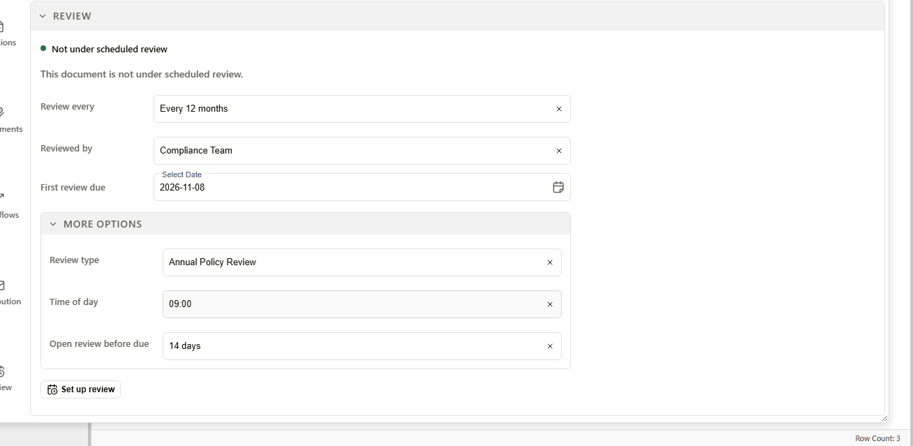 Review tab in a document's details showing the review schedule fields