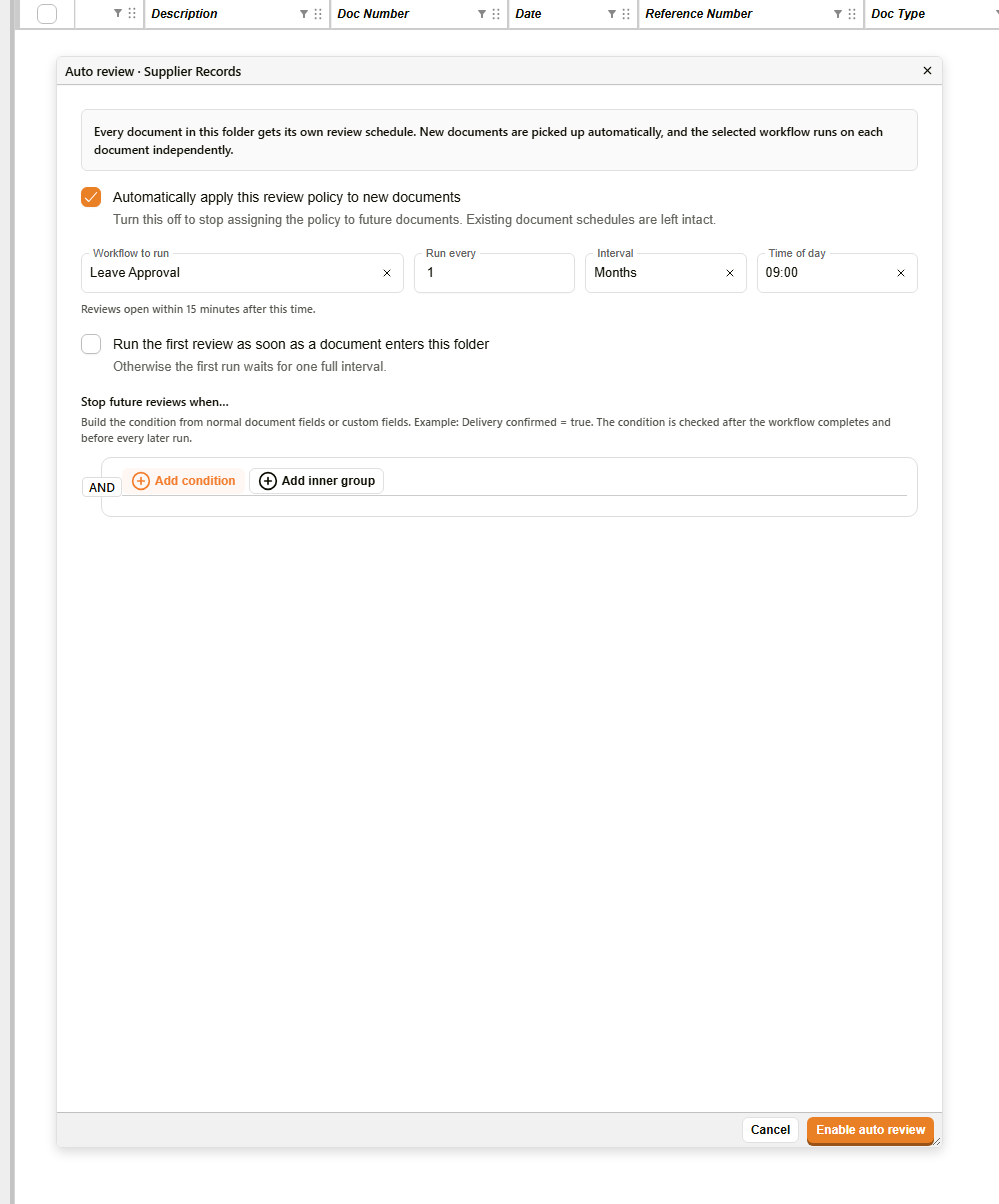 Auto review settings for a folder, opened from Review automation in the folder properties