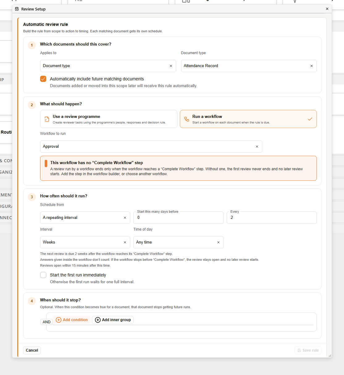 Warning that the chosen workflow has no Complete Workflow step