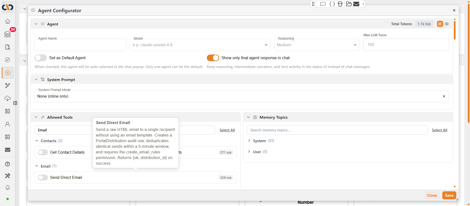 Agent Configurator tool picker with Email and Redaction categories and a hover description tooltip