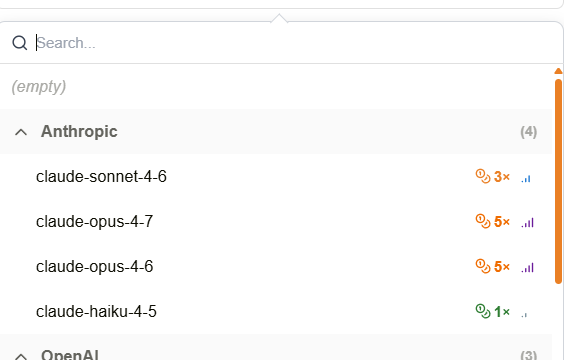 Agent model selector showing cost and capability badges for each model
