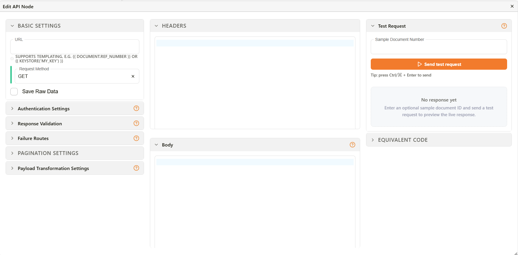 Edit API Node dialog showing Basic Settings, Failure Routes, Response Validation, and Test Request sections