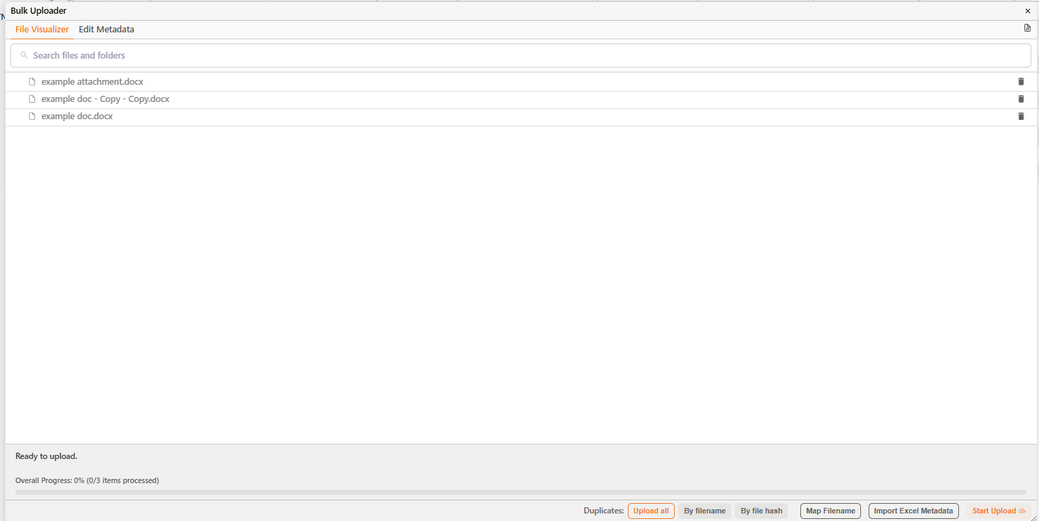Bulk Uploader dialog showing the duplicate-handling selector with Upload all, By filename, and By file hash options