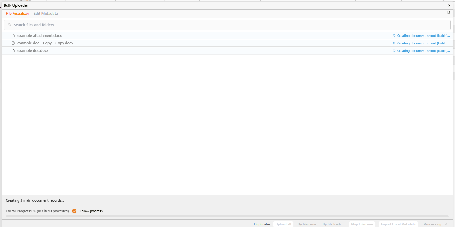 Bulk Uploader showing the Follow progress checkbox during an active upload