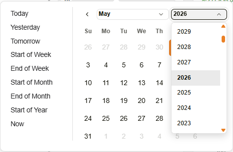 Calendar year dropdown listing years with the most recent first