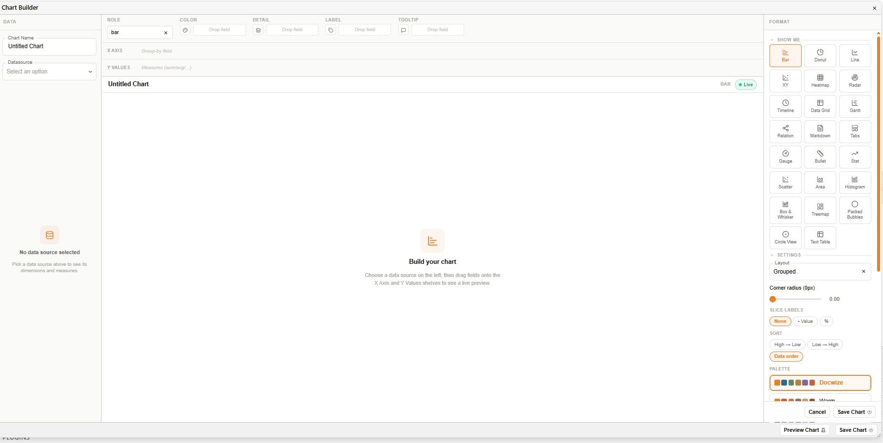 Chart Builder showing the new shelf-based layout with Show Me panel displaying chart type tiles on the right