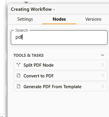 Workflow builder node palette showing the Convert to PDF node under Tools and Tasks