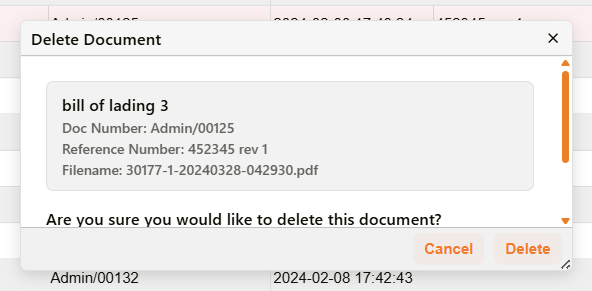 Delete Document confirmation dialog showing document details and a highlighted grid row