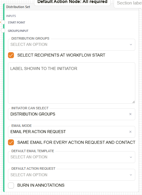 Distribution Set node showing the recipient-selection settings