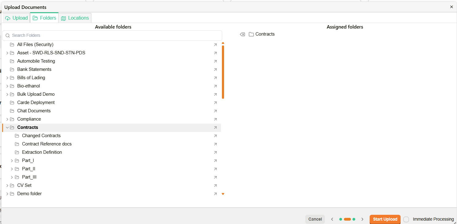 Upload Documents dialog showing the Folders step with step 1 complete, step 2 active, and an assigned folder