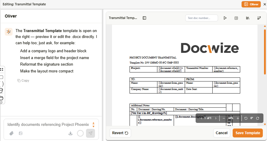 Edit with Oliver workbench showing chat panel and template preview