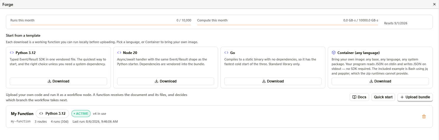 Docwize Forge management page with quota meters, starter templates, and an active function