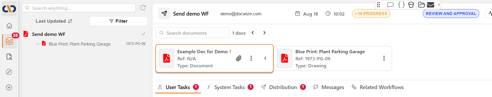 Inbox sidebar showing a drawing nested under its transmittal document, both highlighted