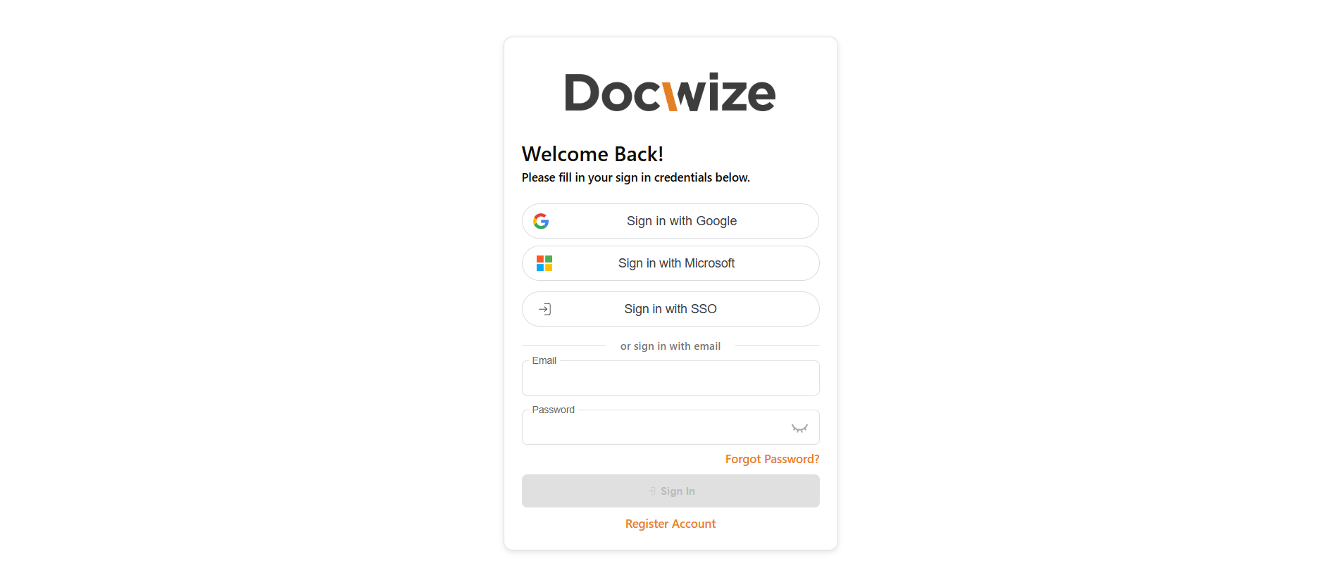 Docwize login page showing the Sign in with SSO option