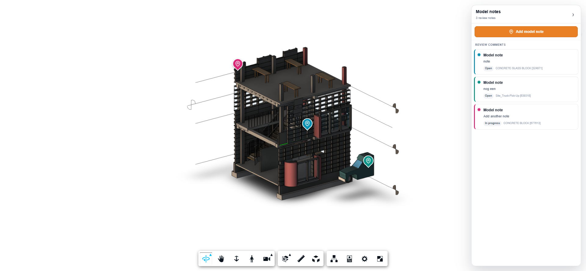 Model Notes panel showing notes pinned to a 3D model