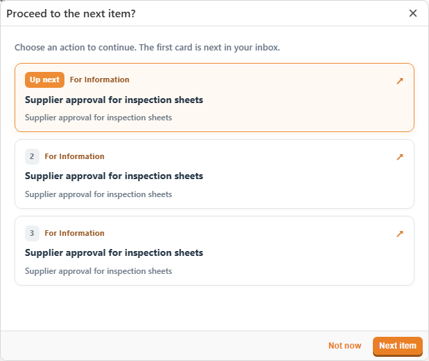 Proceed to the next item? window listing the next actions waiting in the inbox