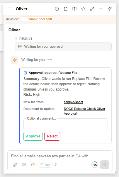 Oliver chat showing an Approval required card for replacing a document's file, with Approve and Reject buttons