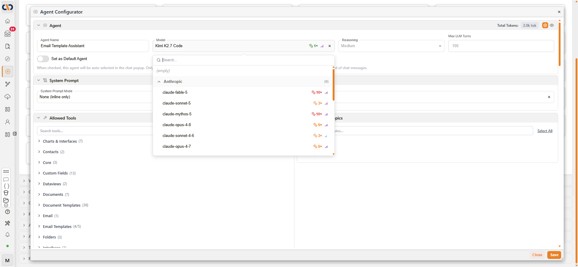 Model dropdown in the Oliver Agent Configurator showing the new options