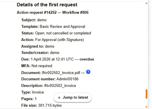 Oliver chat showing an approval request's details as a formatted field list
