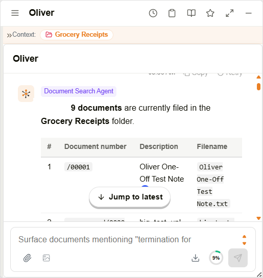 Oliver document listing response with a Filename column