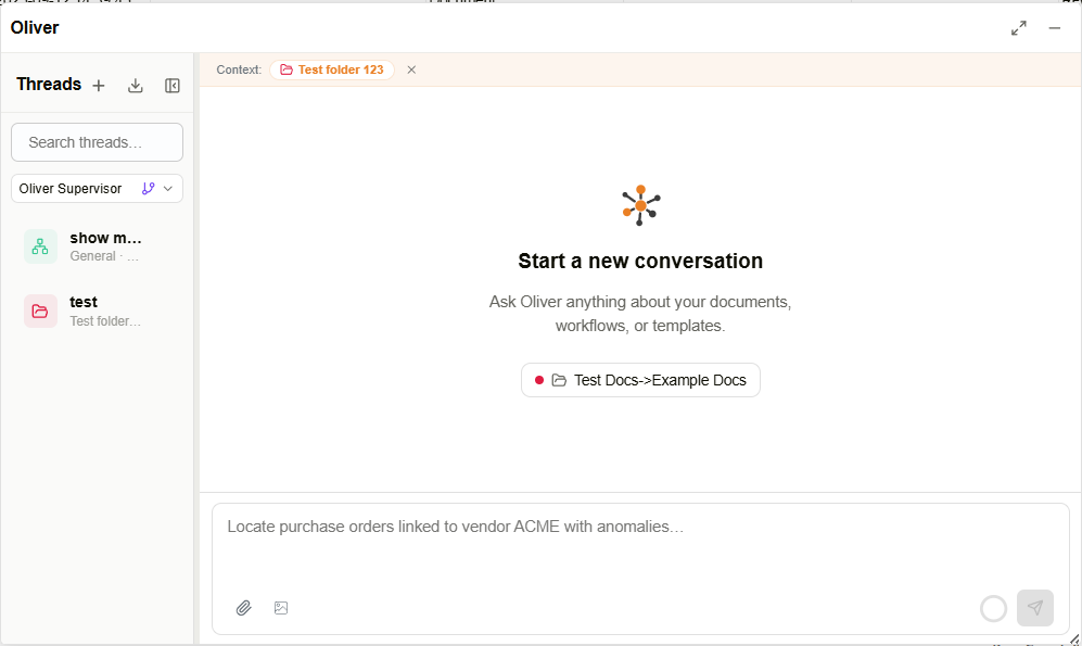 Oliver full-page application showing the thread history sidebar and chat interface