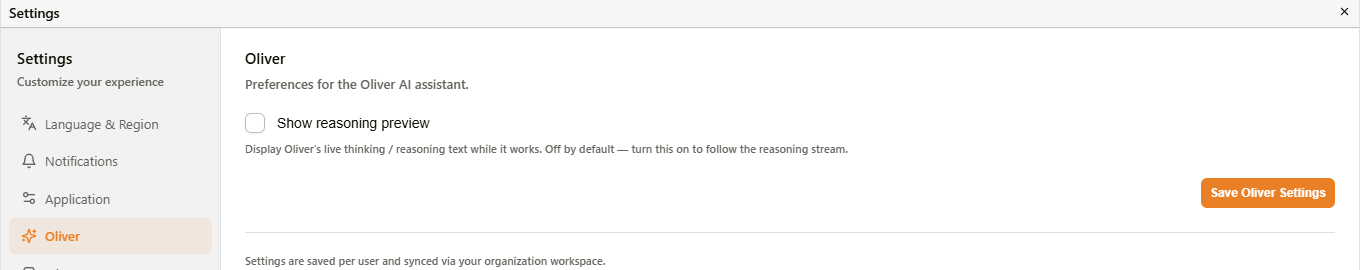 Show reasoning preview option in the Oliver settings tab