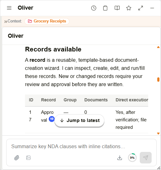 Oliver chat describing its ability to inspect, create, edit, and run records