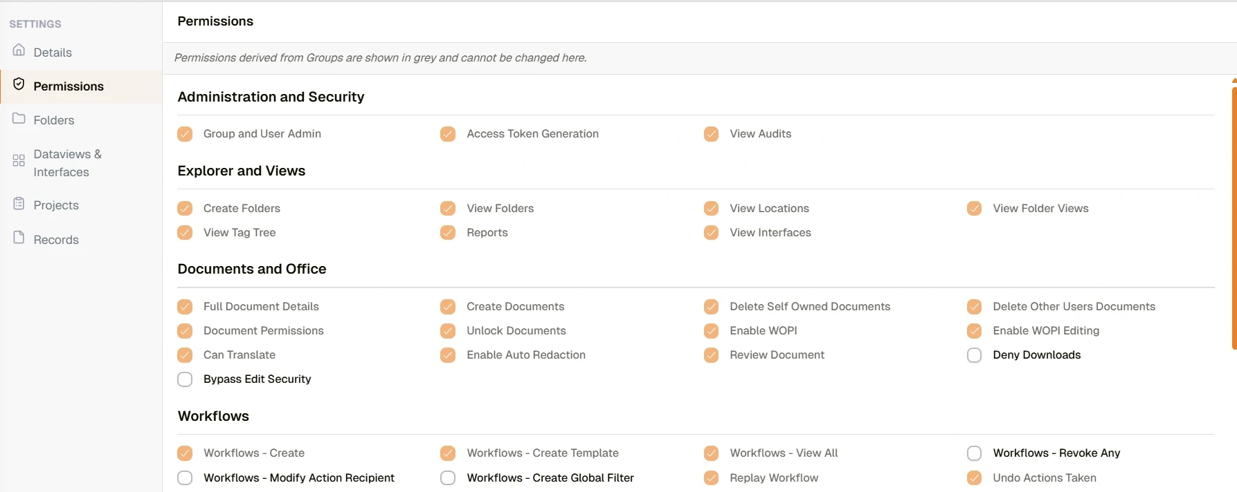 Admin Console Permissions panel