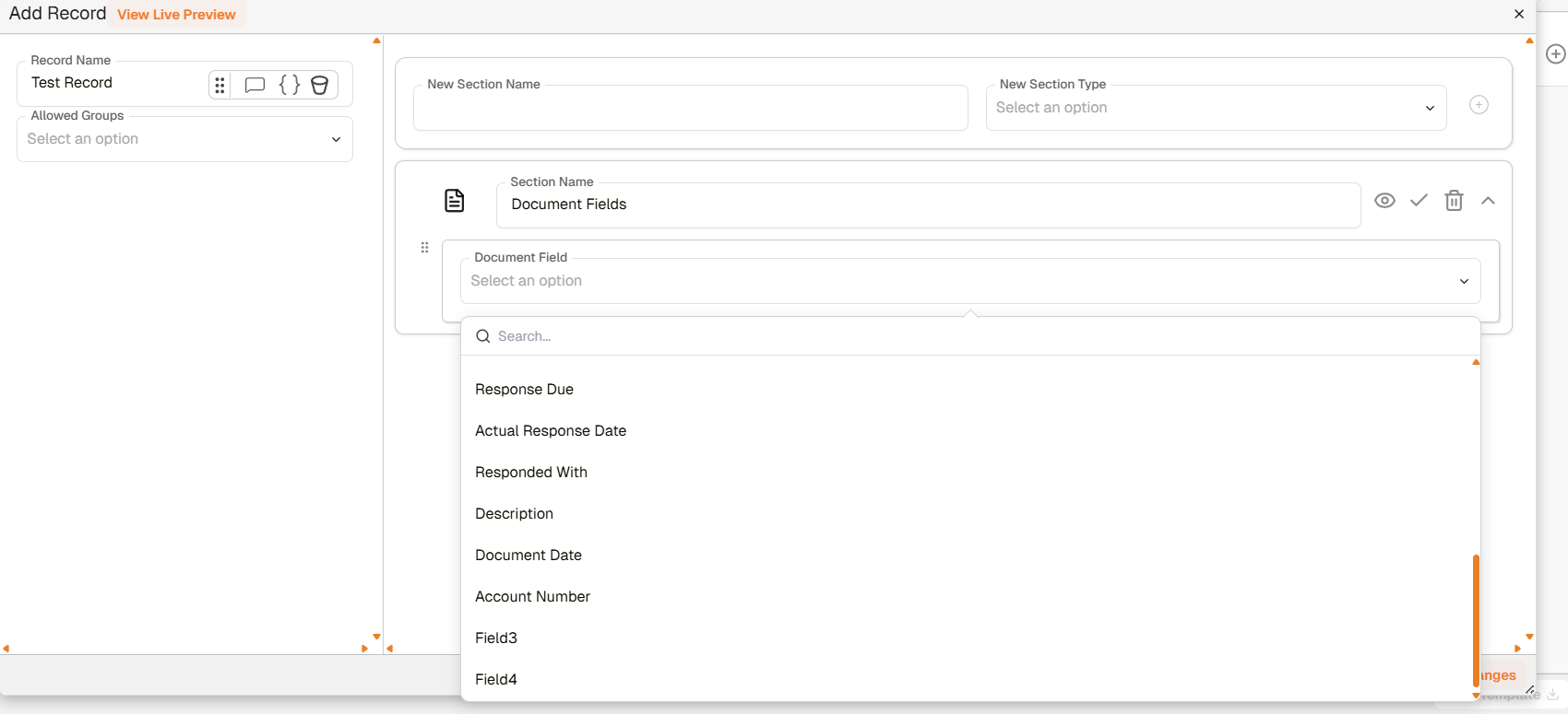Document Date and Account Number in the record template document field selector
