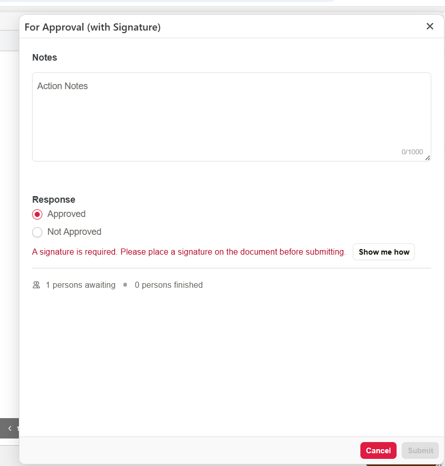 Signature required validation message