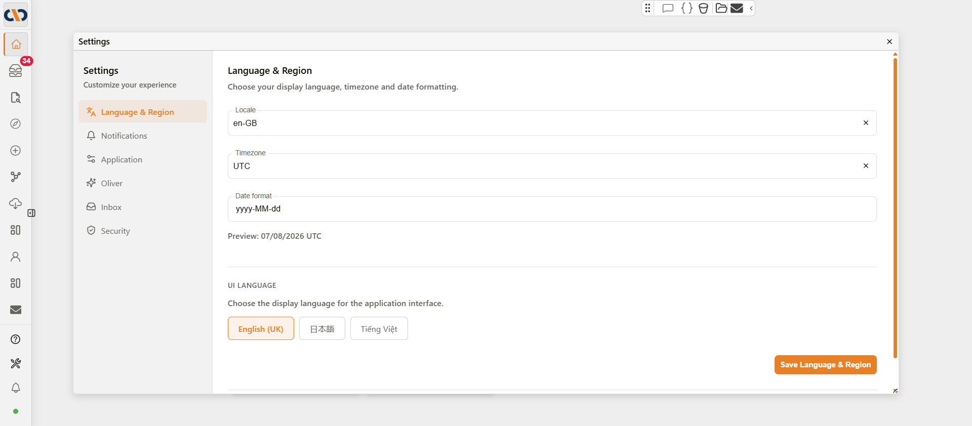 Settings Language &amp; Region page showing the Tiếng Việt UI language option