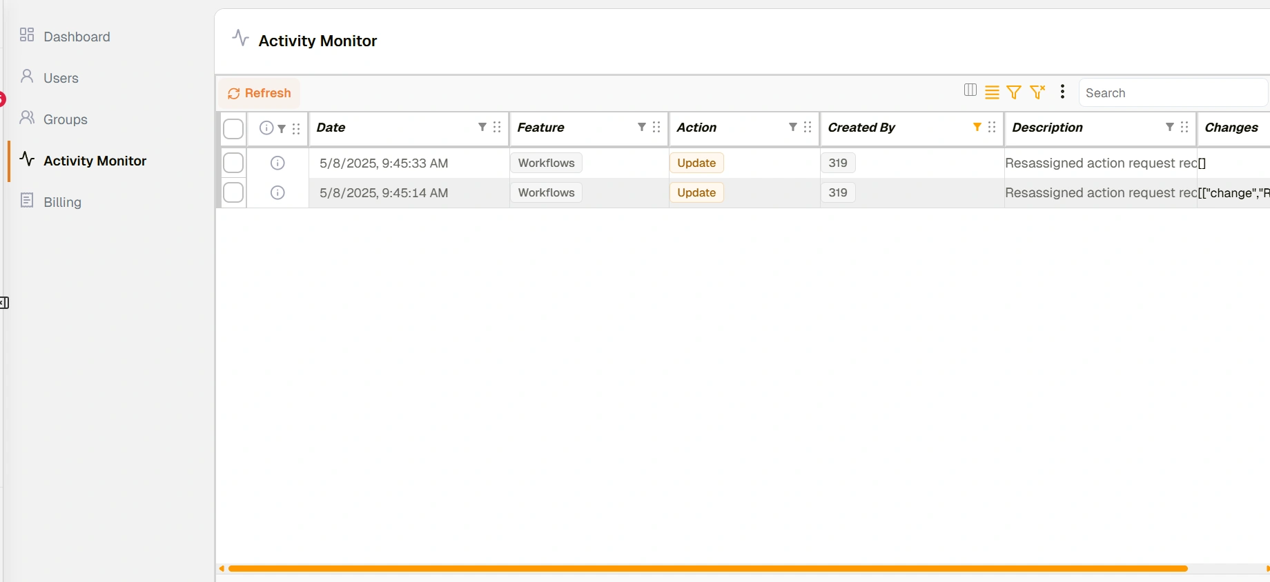 Example: Admin Console Activity Monitor Page