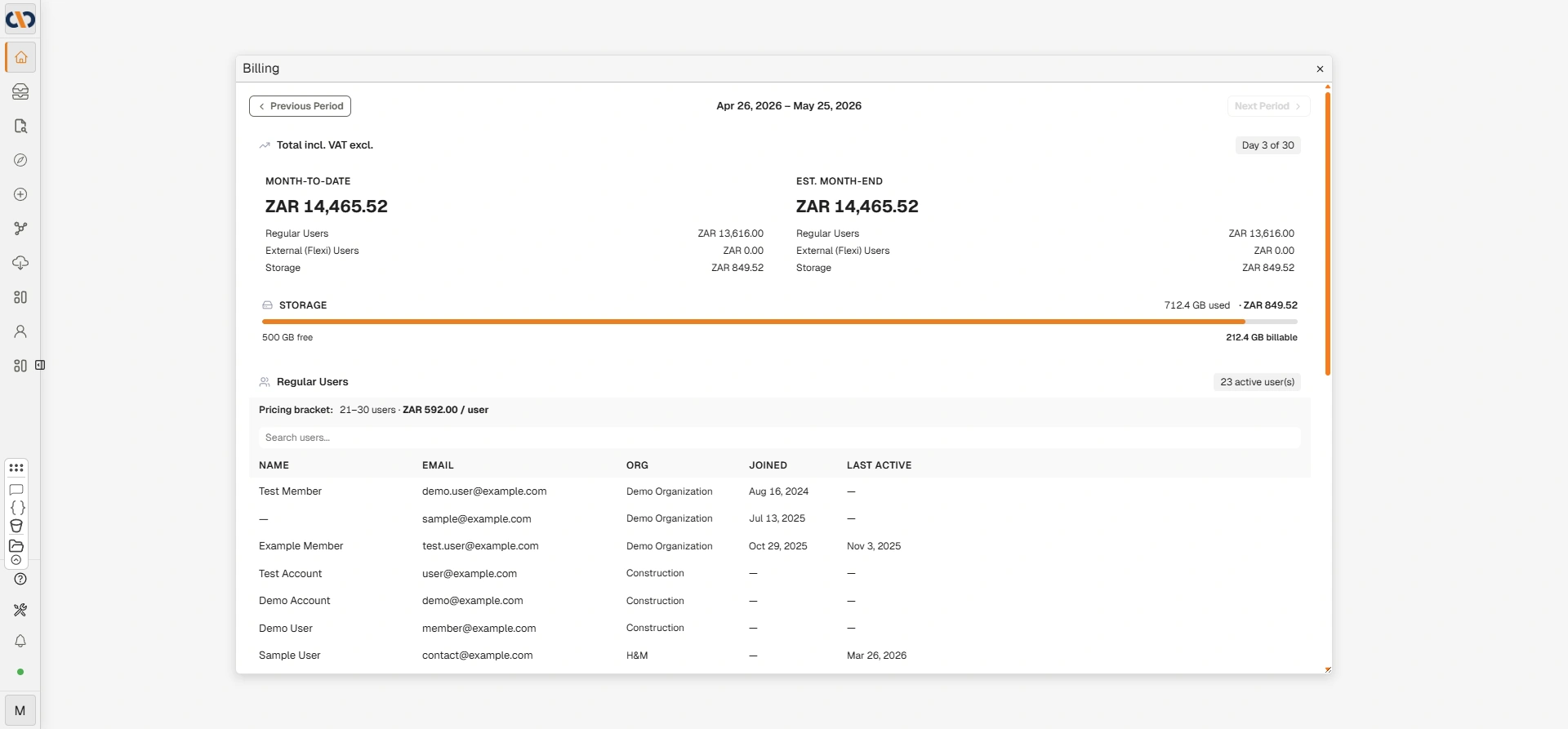 Billing page