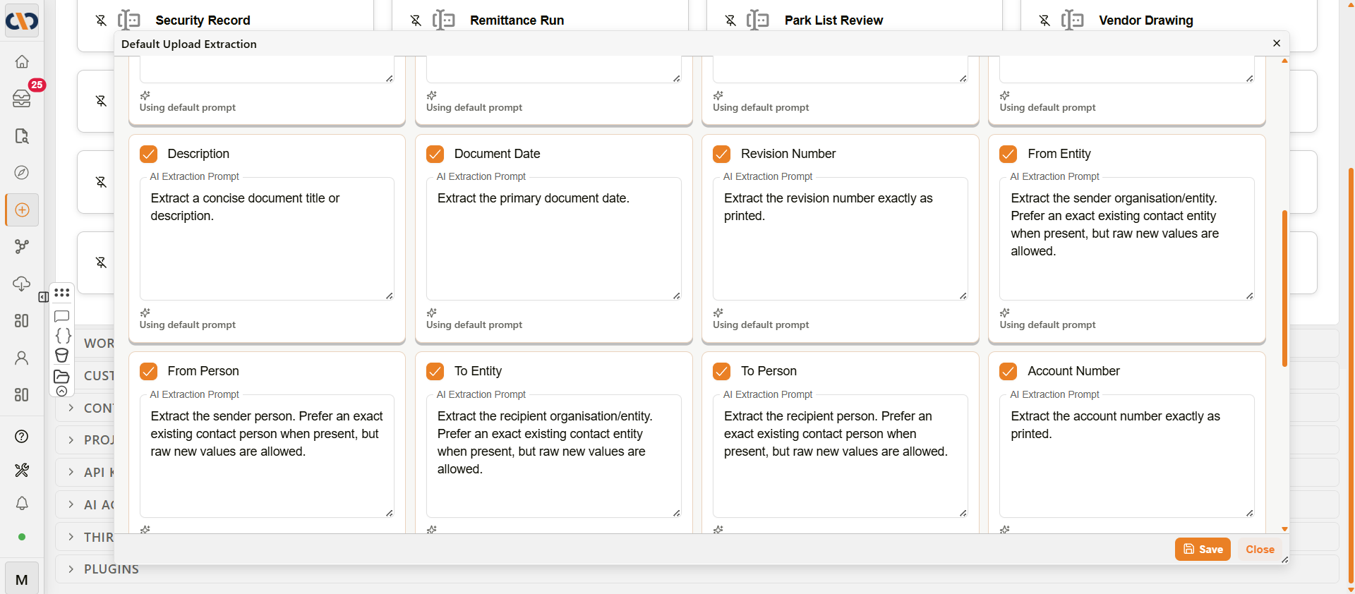 Standard Field Extraction grid showing editable AI prompt cards