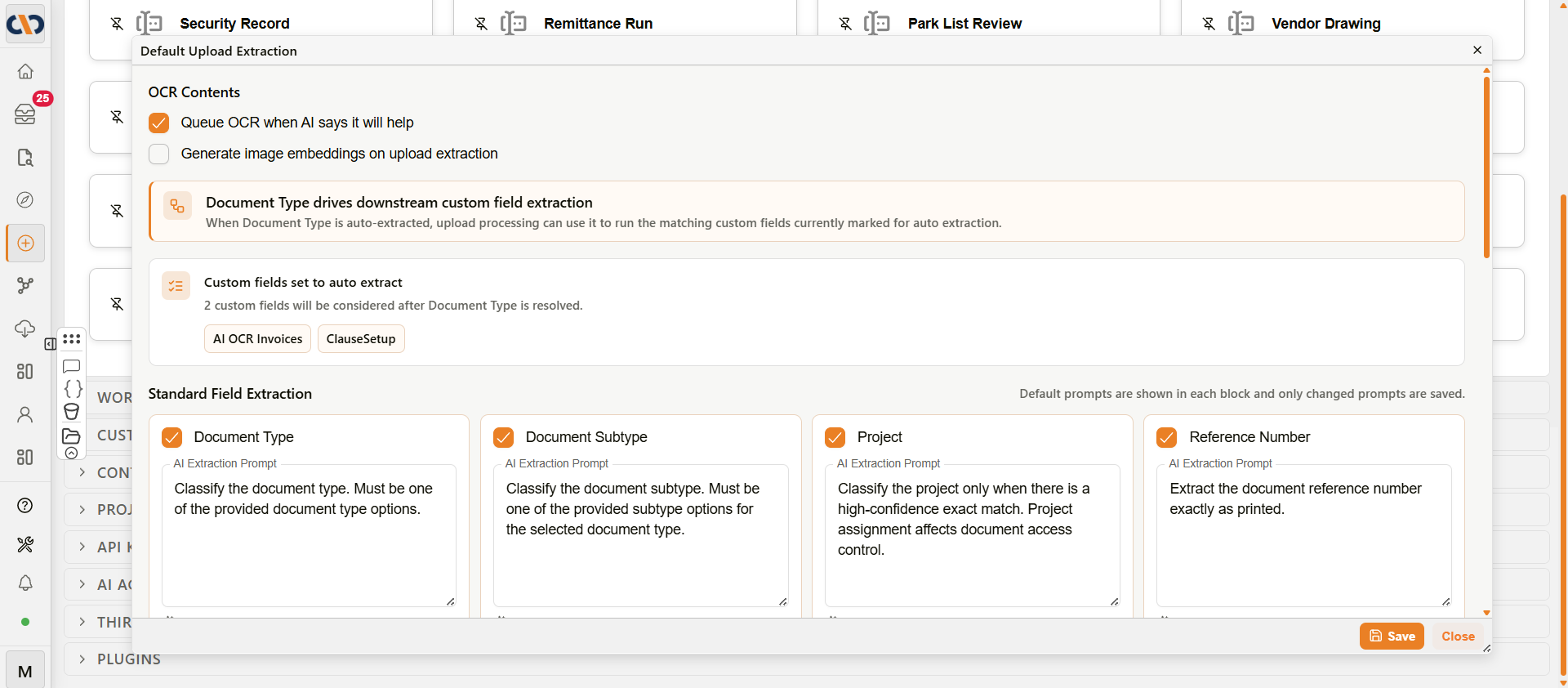 Default Upload Extraction — OCR Contents section and info banners