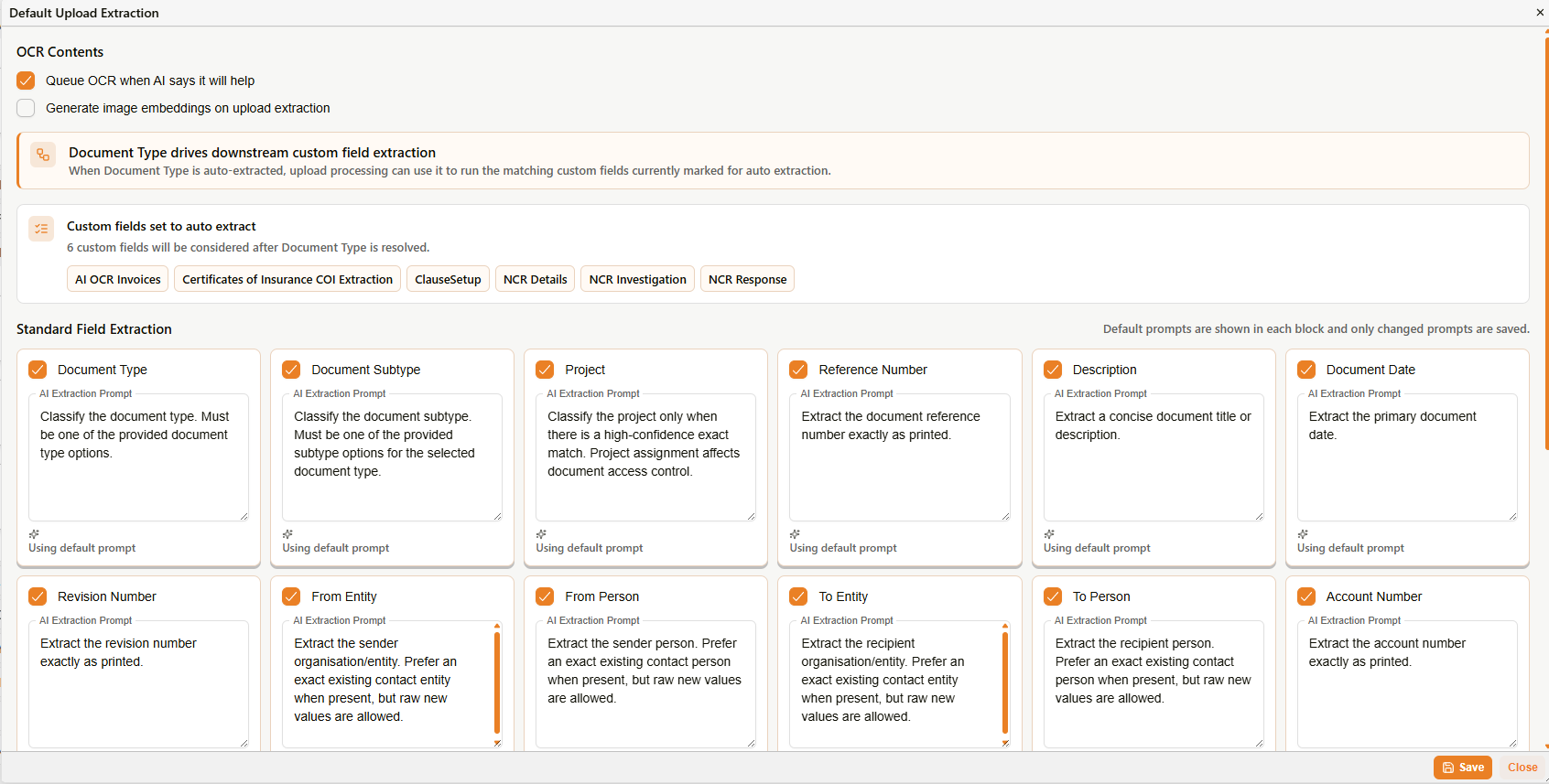 Default Upload Extraction — OCR Contents section and Standard Field Extraction grid