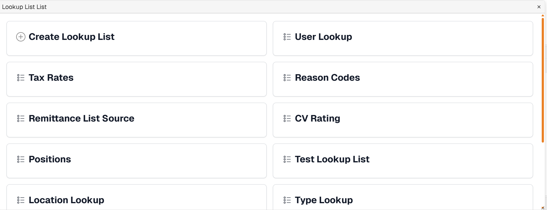 Lookup List List panel