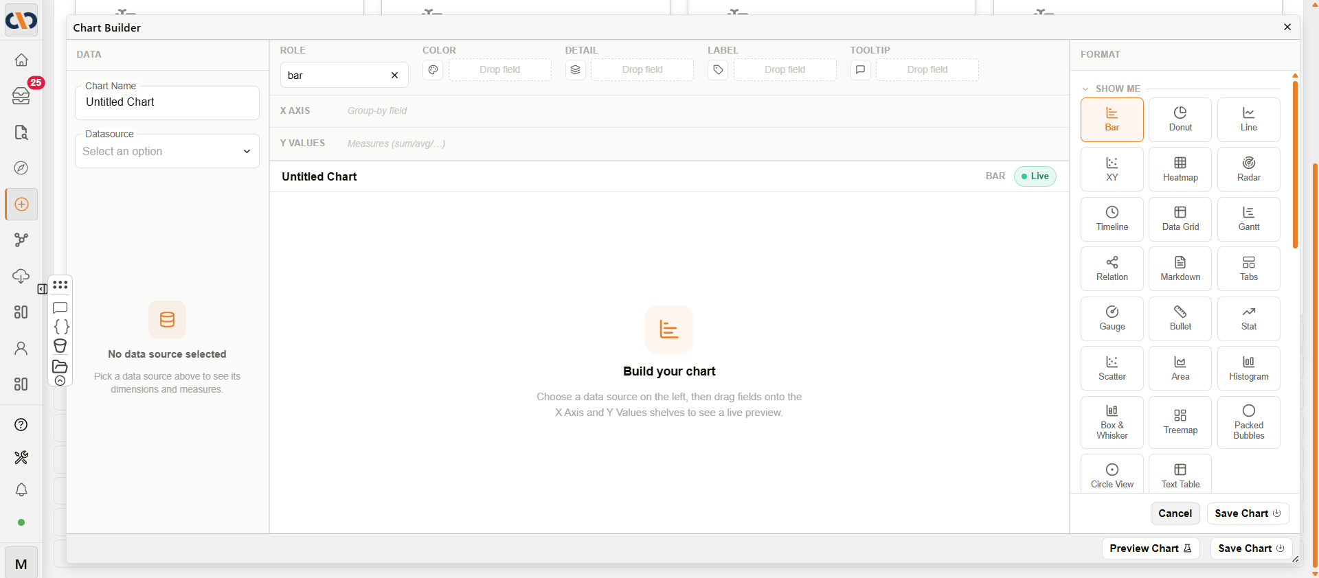 Chart Builder showing the DATA panel, shelf area, chart preview, and FORMAT panel