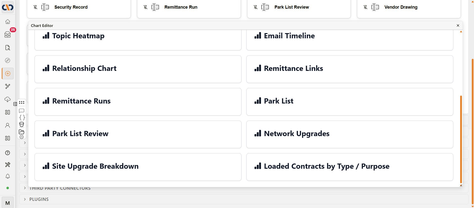Chart Editor list showing existing charts and the Create New Chart tile