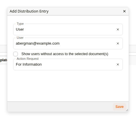 Add Distribution Entry dialog with a user and an action request selected