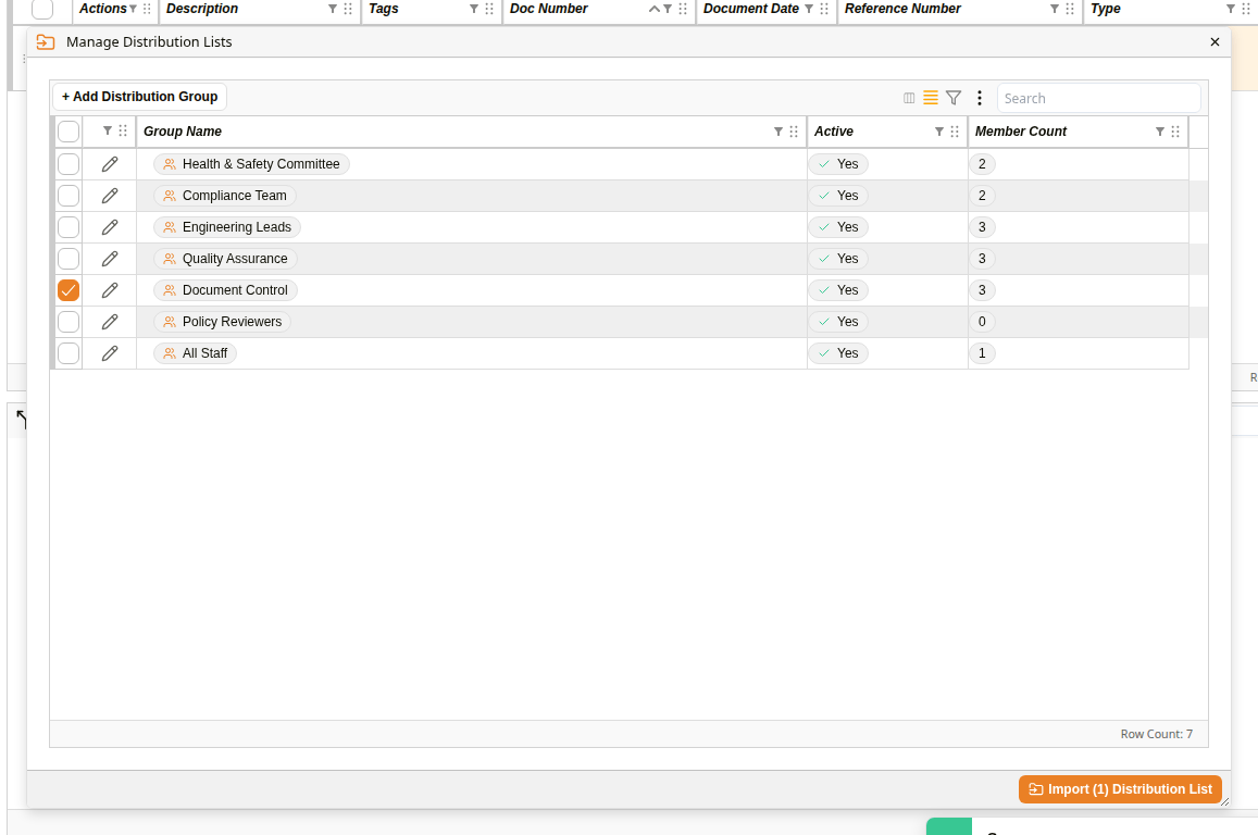 Manage Distribution Lists dialog with one group selected