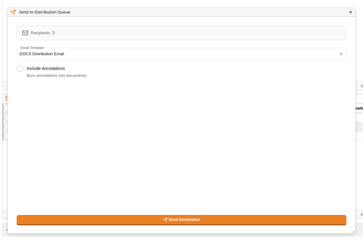 Send to Distribution Queue dialog with an email template chosen