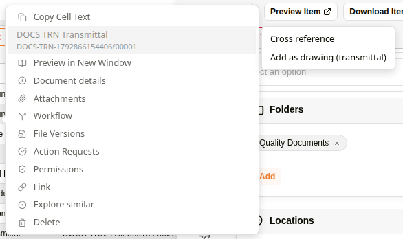 Right-click menu naming the open transmittal, with Add as drawing (transmittal) in its submenu