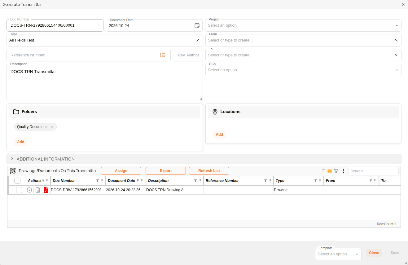 Generate Transmittal dialog showing the transmittal's details and drawings, with the Template picker