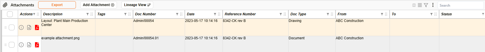 Attachments register listing linked attachments