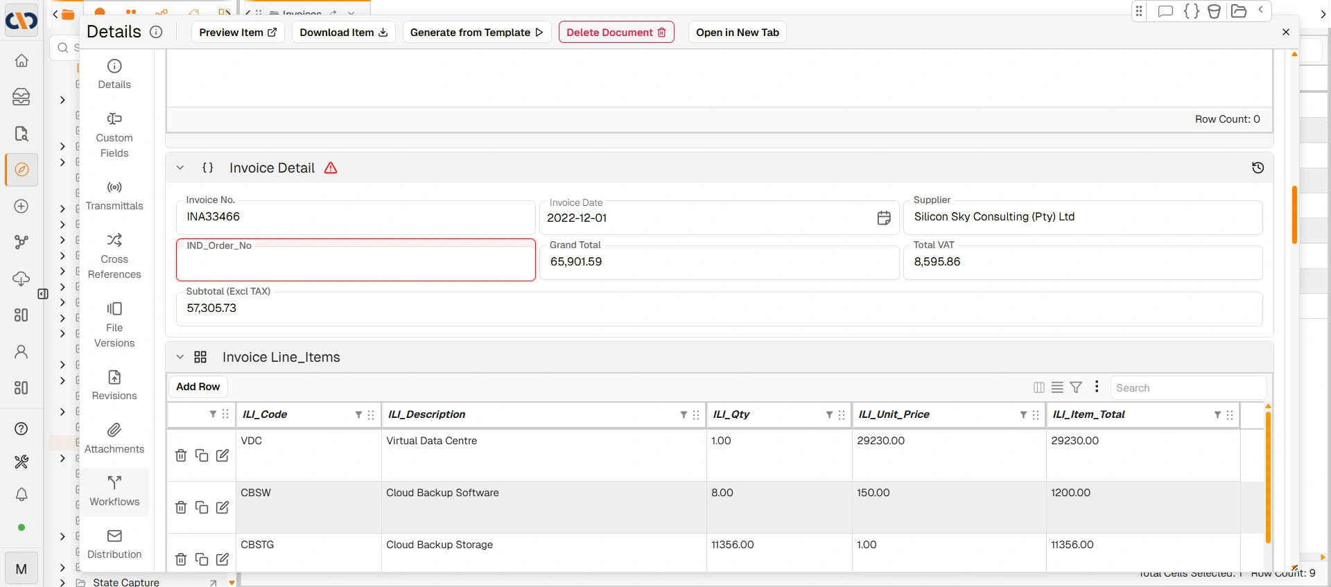 Custom fields section in document details