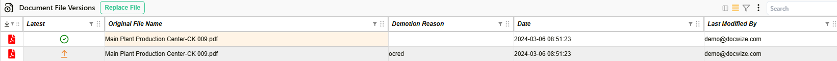File Versions register showing the latest and a demoted file version