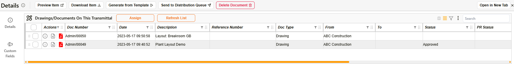 Document Details toolbar and Transmittals section listing added documents
