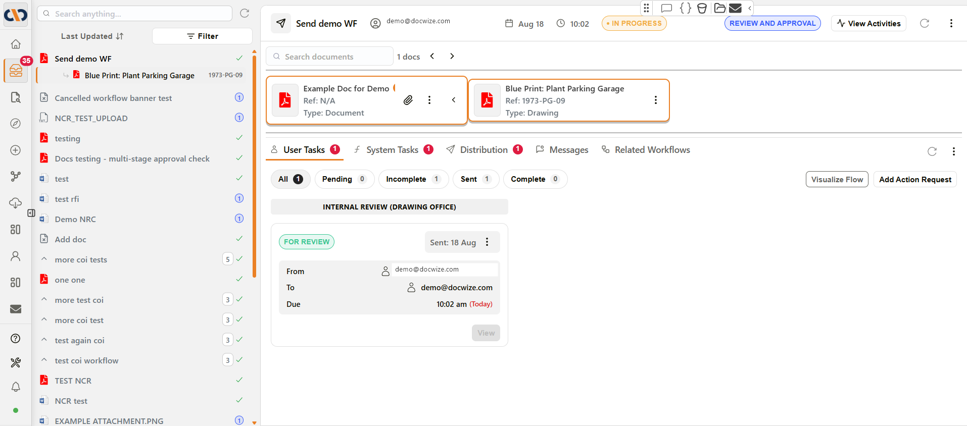 親の transmittal の下にネストされた図面を示す Inbox サイドバーと、両方のカードが一緒にハイライトされたプレビュー ストリップ