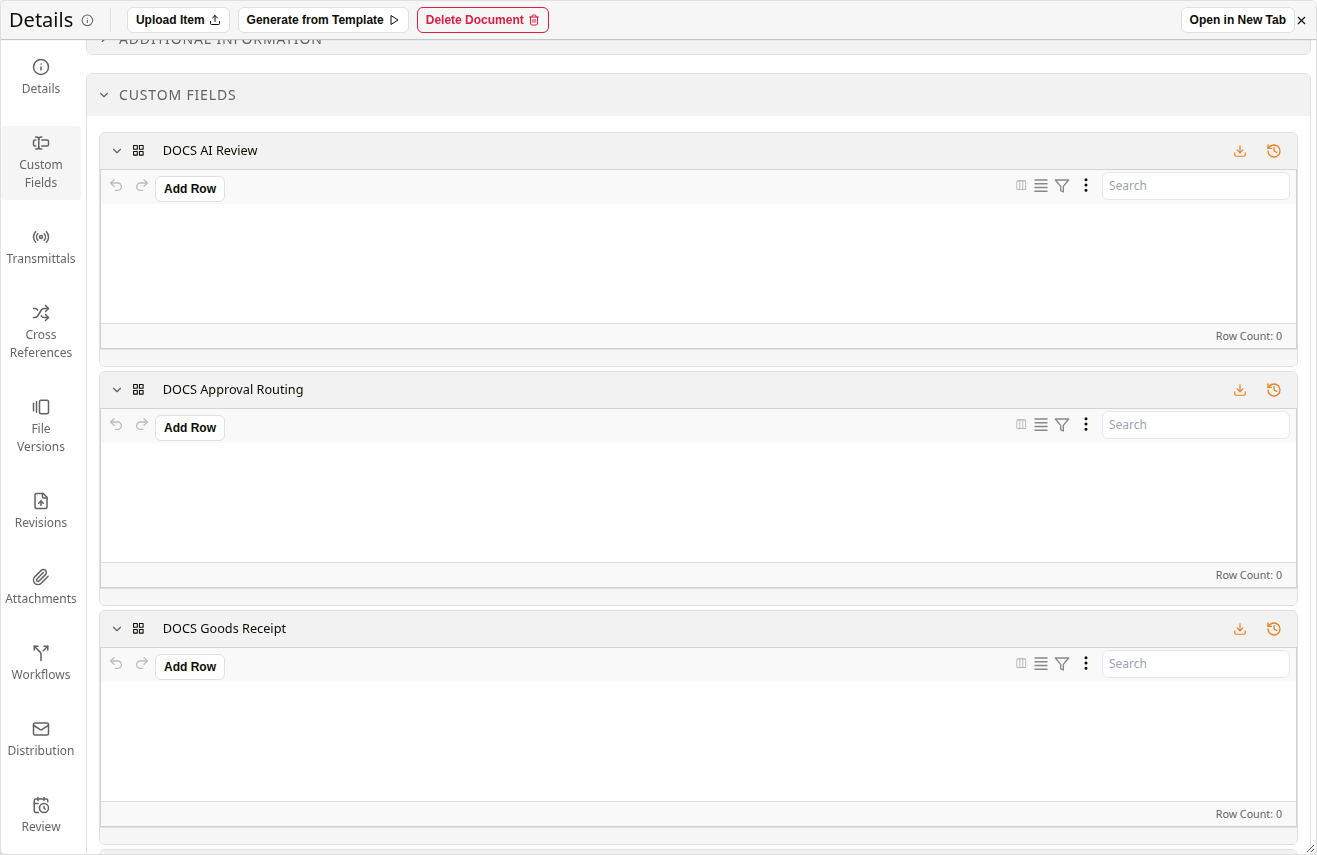 The Custom Fields section listing four grid templates in alphabetical order